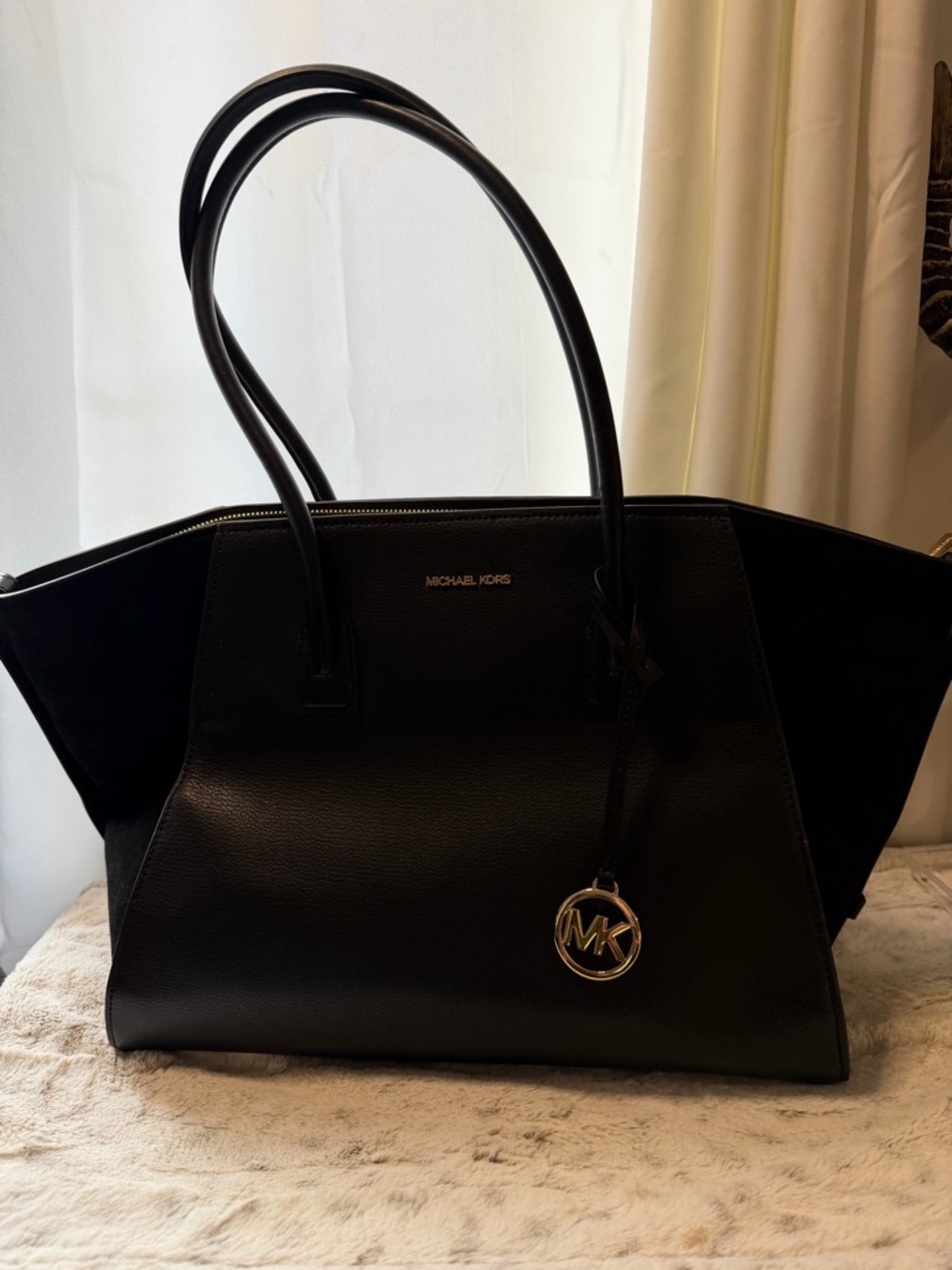 Michael Kors Black Leather Tote with Gold MK Charm